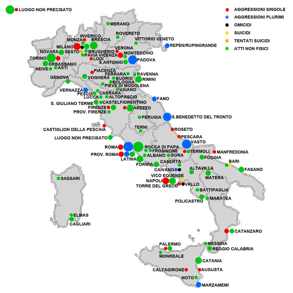 Cartina con la mappa dell'omofobia in Italia nell'anno 2020/2021