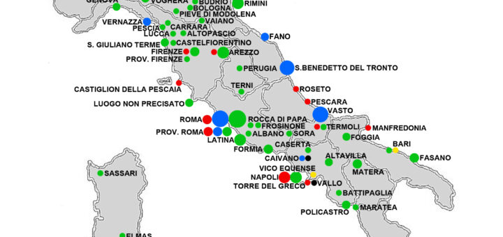 Mappa dell'Italia con gli episodi di omofobia noti dal 17 maggio 2020 al 17 maggio 2021.