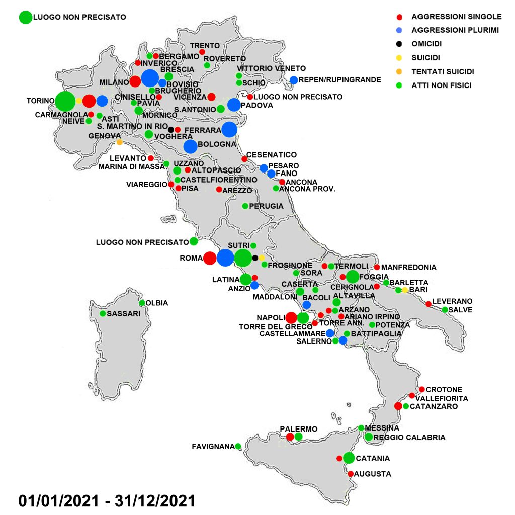Cartina con la mappa dell'omofobia in Italia nell'anno 2020/2021